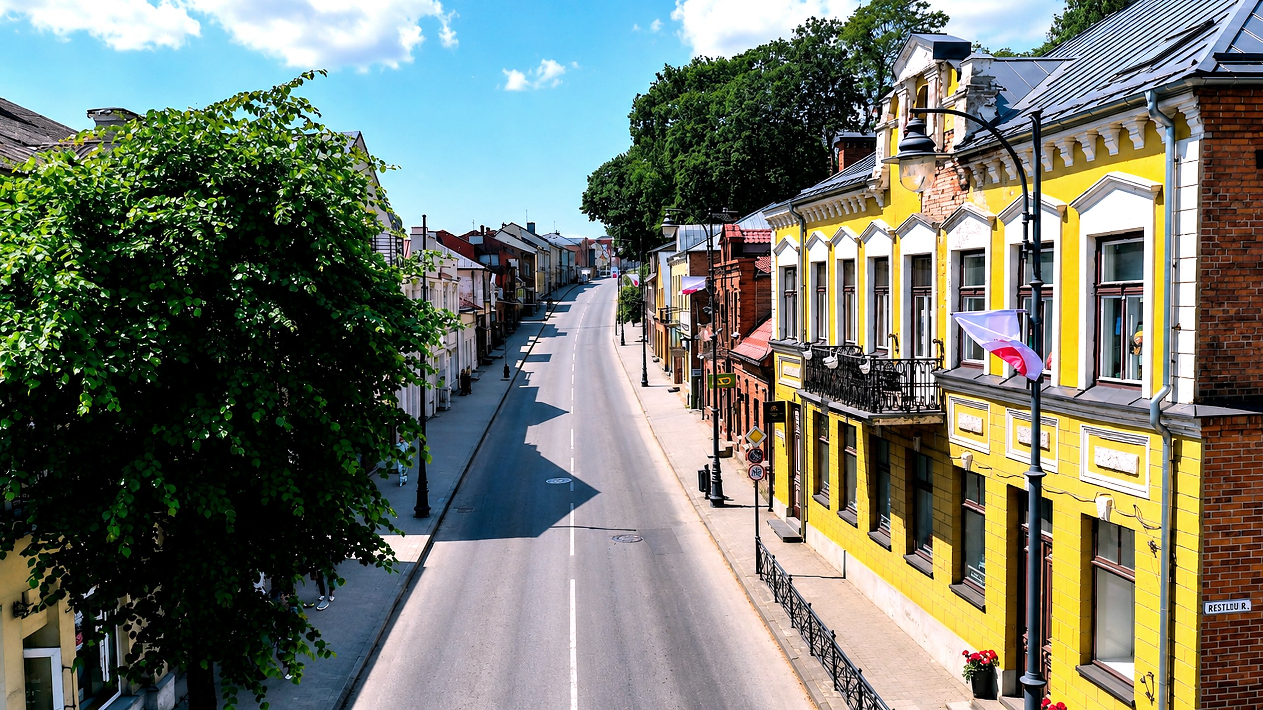 A street in the Telšiai old town with historic buildings on a summer afternoon